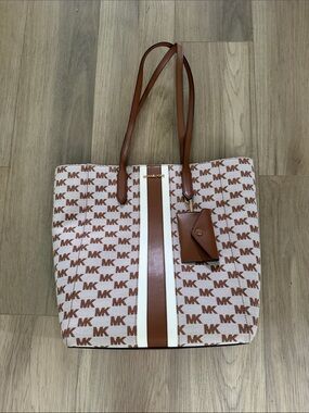 Michael Kors Tan and White MK Logo Tote with Center Stripe & matching wallet NWT